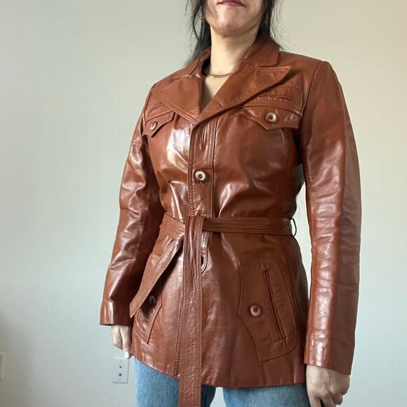 Vintage Genuine Leather Cognac button front Blazer Jacket double breasted - Picture 3 of 16